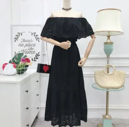 Сексуальное женское платье с открытыми плечами, новинка, корейское женское длинное платье с рюшами, летнее повседневное пляжное макси платье свободного размера для женщин - Цвет: Black