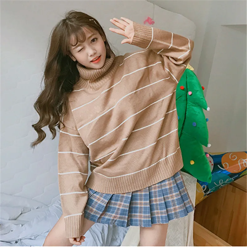 Yuzhenli 2018 Autumn Women Casual Pullovers Sweaters Knitted Sweater Winter Loose Warm Striped Turtleneck | Женская одежда