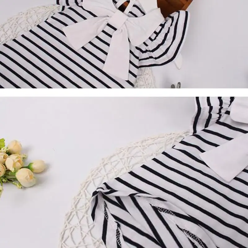 Летнее платье для девочек Хлопковое в полоску с короткими рукавами и бантом