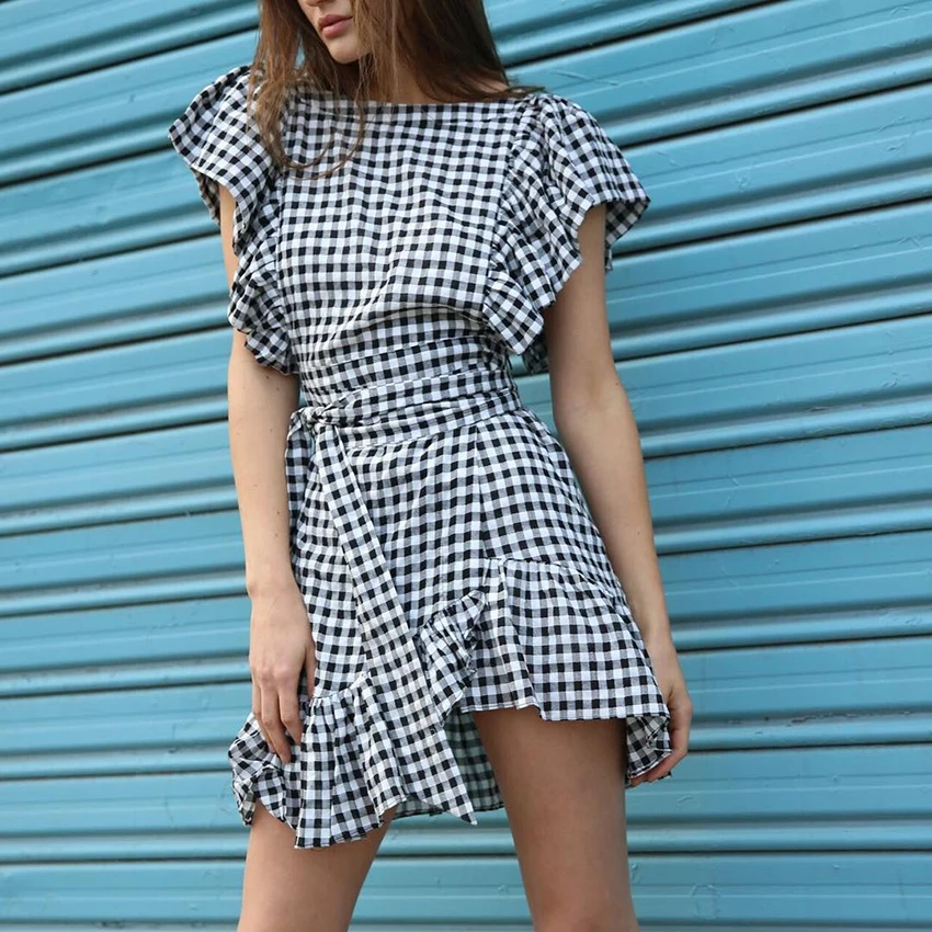 OOTN для женщин черный белый цвет платье в клетку Лето 2018 г. рюшами Мини платья