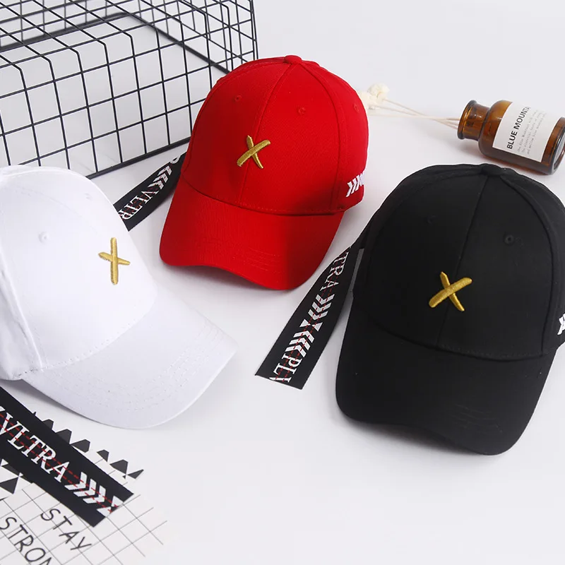 2018New узор Бейсбол кепки X Длинные ленты надписи корейской моды для мужчин и wo