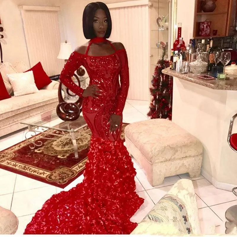 Sexy Red Mermaid Prom Dresses African Long Sleeves Sequined Floral Appliques Women Formal Dress Plus Size Custom Made