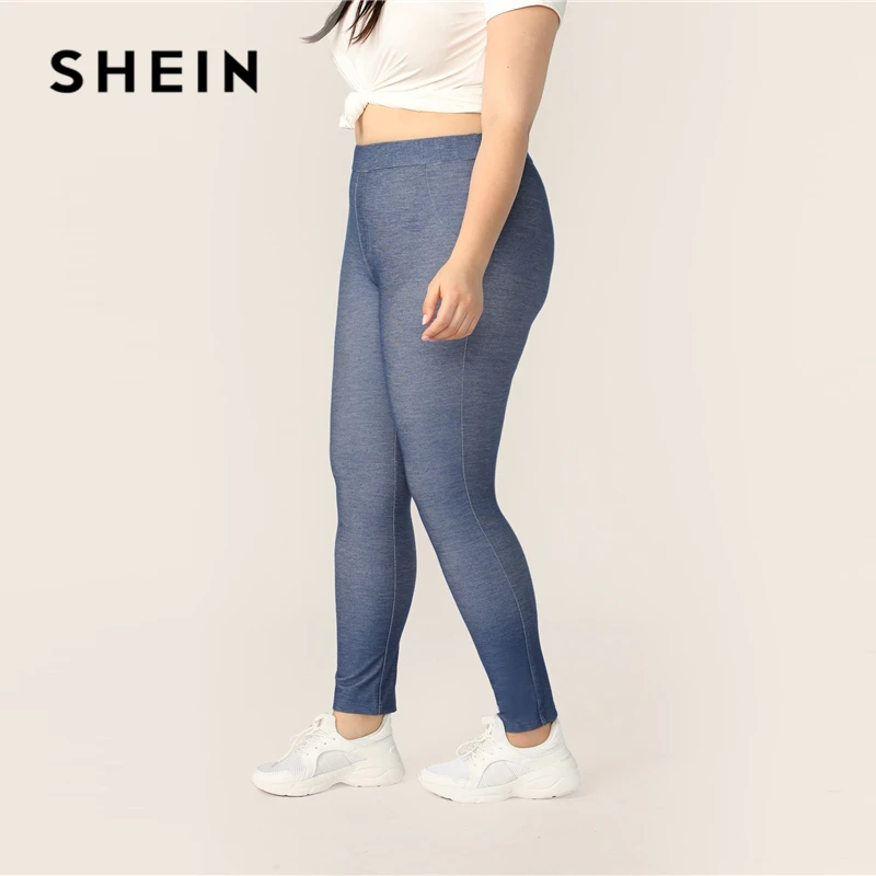 SHEIN Леггинсы Размера Плюс С Высокой Талией Женские Синие Спортивные Леггинсы