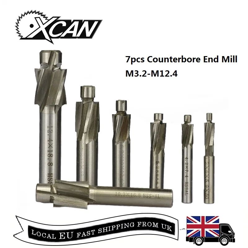 XCAN 7 шт. HSS Цековка торцевой фрезы M3.2-M12.4 пилота долбежный инструмент фреза зенковки концевые фрезы