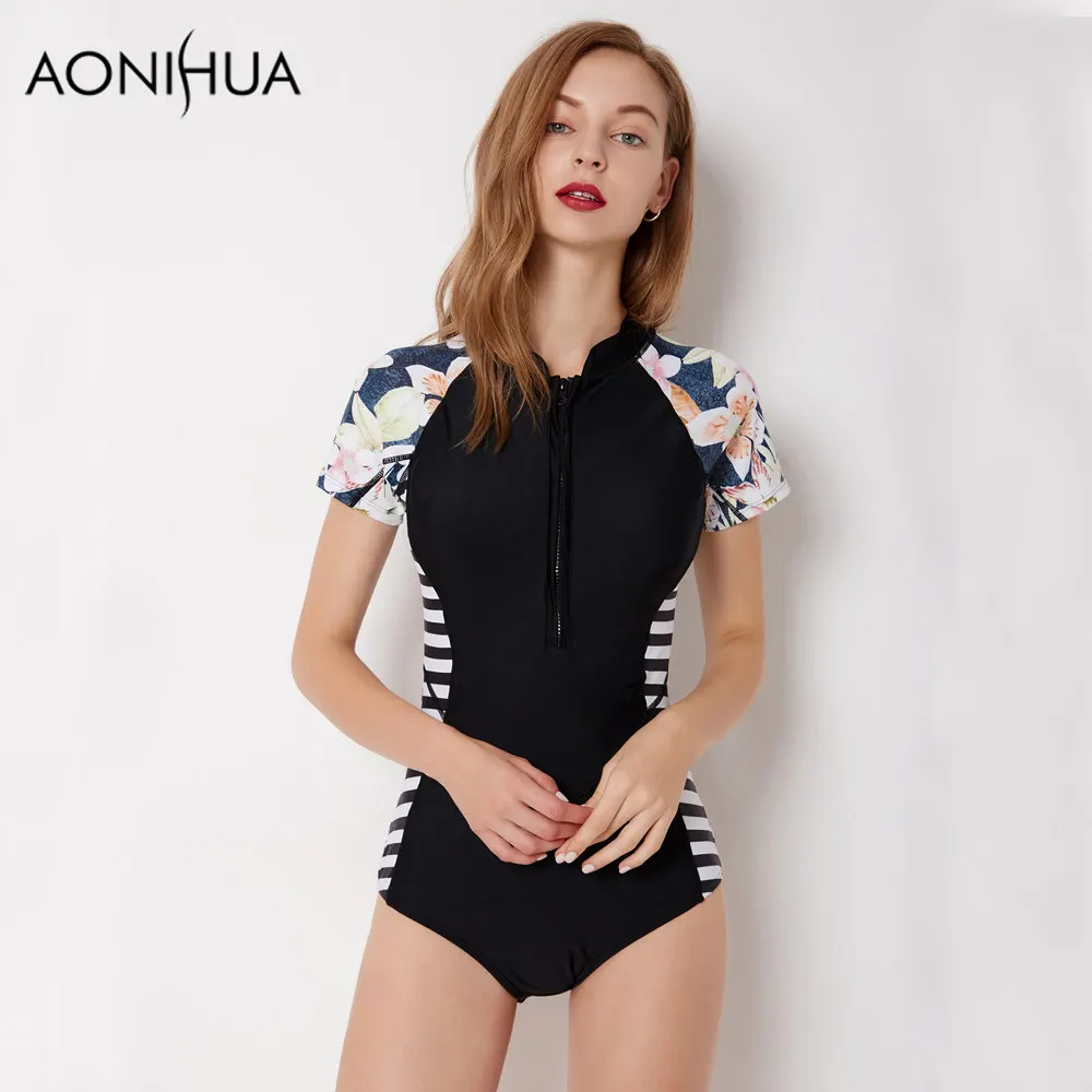 Черный купальник AONIHUA 2018 облегающие полосатые цельные купальные костюмы женская