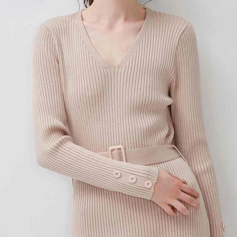 Женский джемпер до колена зимний теплый длинный свитер с пряжкой и длинным