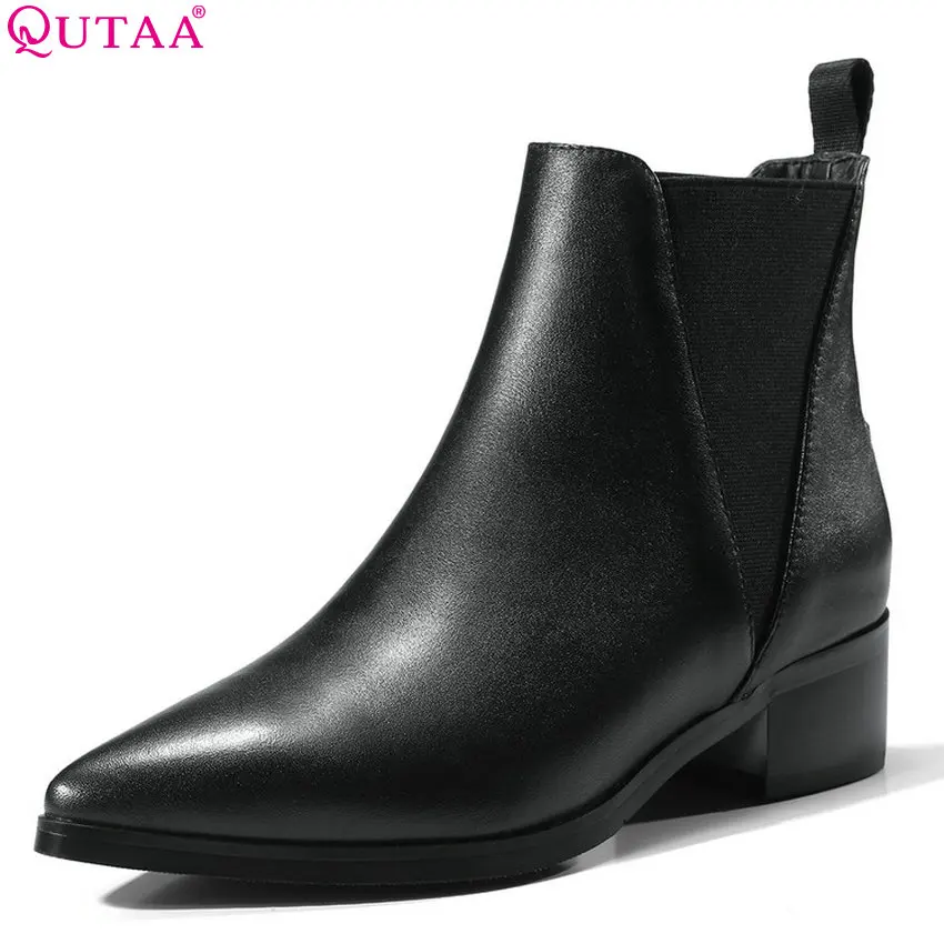 Женские ботинки QUTAA зимние из коровьей кожи и искусственной с острым носком на