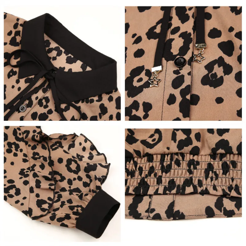 nvyou gou Ladies Leopard Print Top Summer Fashion Loose Ruffle Sleeve Chiffon Blouse Office Lady Bow Tie Neck Casual Shirt |