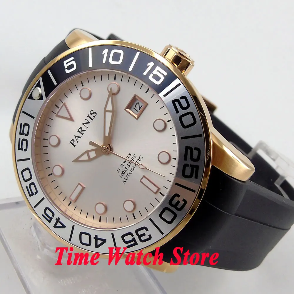 

Parnis 42mm white dial luminous sapphire glass golden case 10ATM 21 jewels MIYOTA Automatic mens watch 601