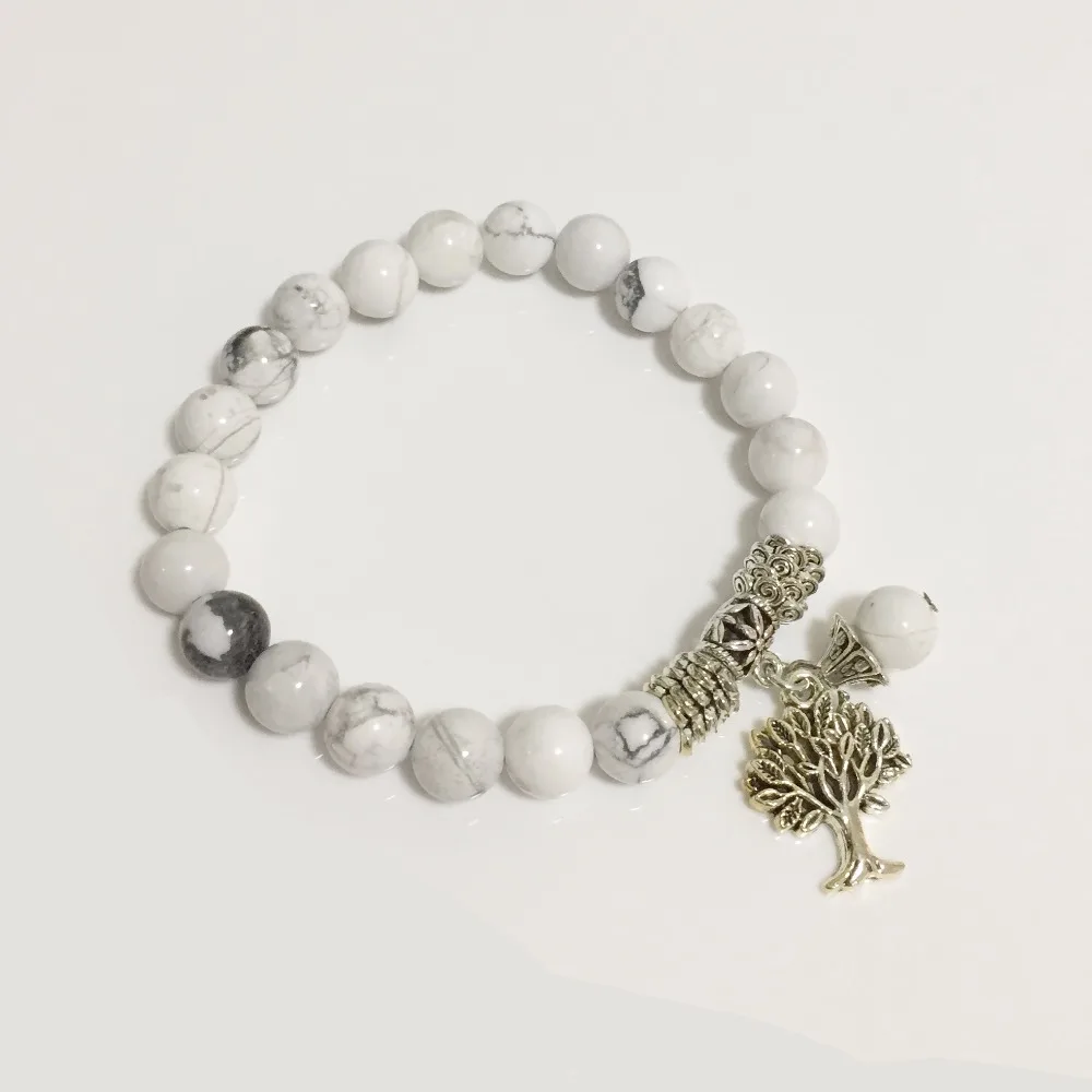 Круглый шар Mala Beads Белый Howlite камень Strecth браслеты с деревом тибетская кожа