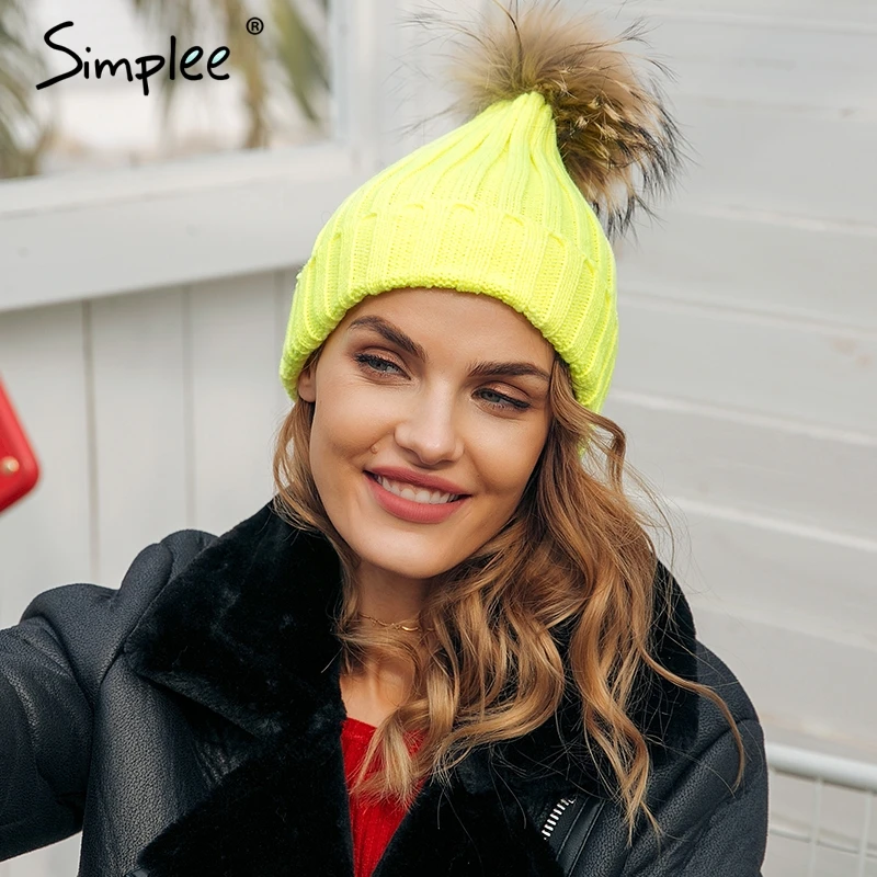 Женская теплая шапка-чулок с помпоном Simplee, Лыжная шапочка со съемным меховым помпоном, теплая женская шапка на осень и зиму