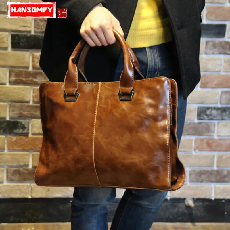 Luxury Fashion Laptop Bag Men Handbags Genuine Leather Crazy Horse Messenger Bag Briefcase Bags Crossbody Shoulder Business Soft