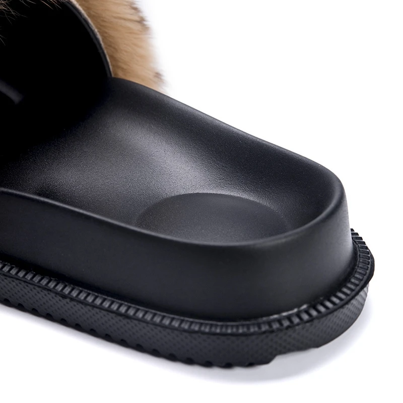 JELLYFOND Furry Slides for Women Leopard Slipper Real Rabbit Fur Slides Furry Flat Sandals Female Cute Fluffy Summer Shoes Woman