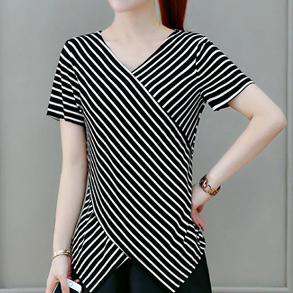 Casual shirt Women Fashion Ladies' Short Sleeved Lrregularity Shirt With V Neck Stripe blusas mujer de moda 2019 W328 | Женская