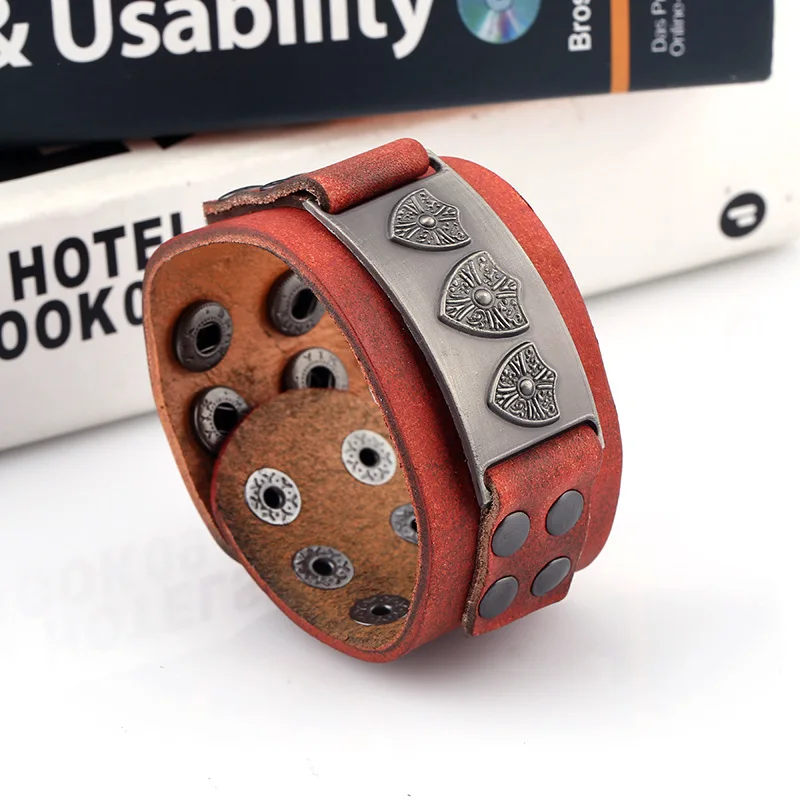 Fashion Vintage Punk Wide Genuine Leather Cuff Bracelet Alloy Shield Charm Buckle Bangle Wrap Women Wristbands Retro Men Jewelry | Украшения