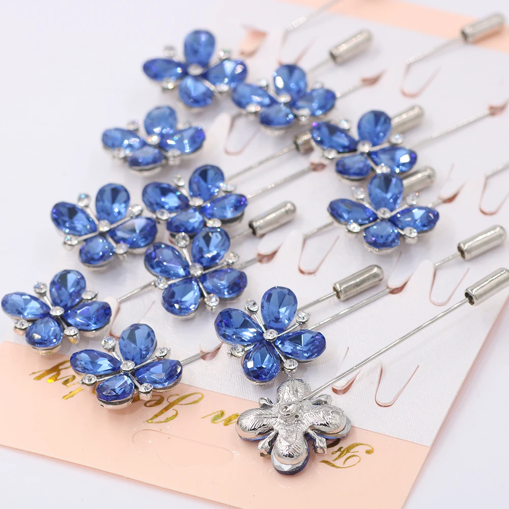 12 шт./лот синяя брошь в виде цветка с кристаллами для женщин металлическая из