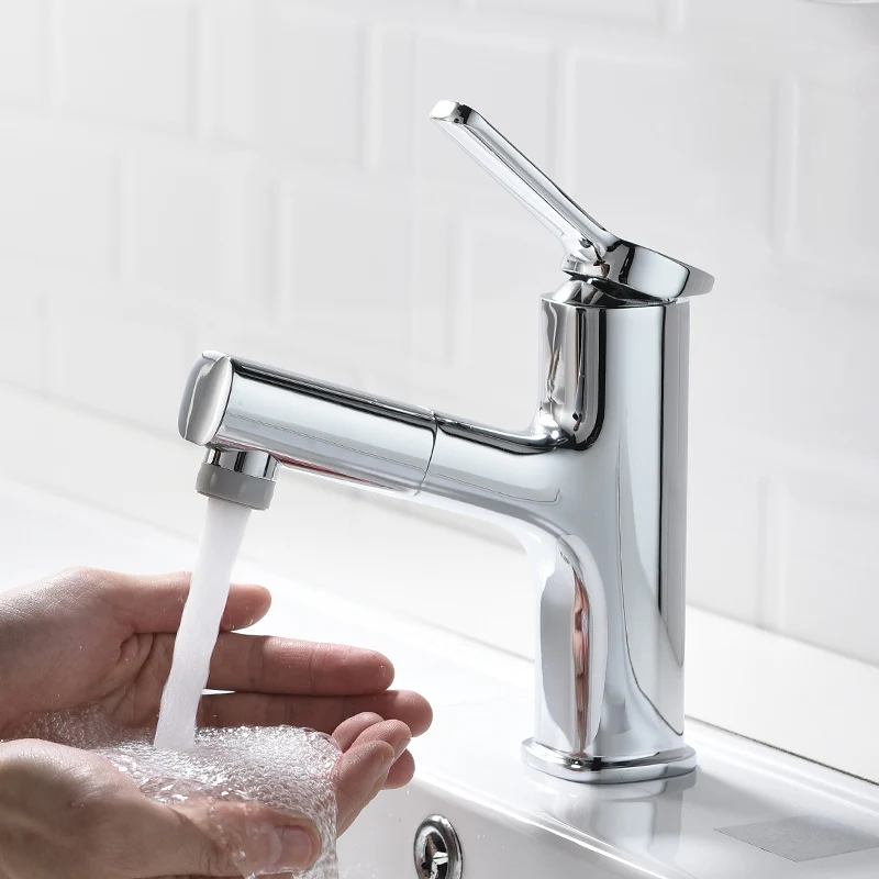 Выдвижной смеситель для раковины Fapully с хромированной отделкой в ванную комнату