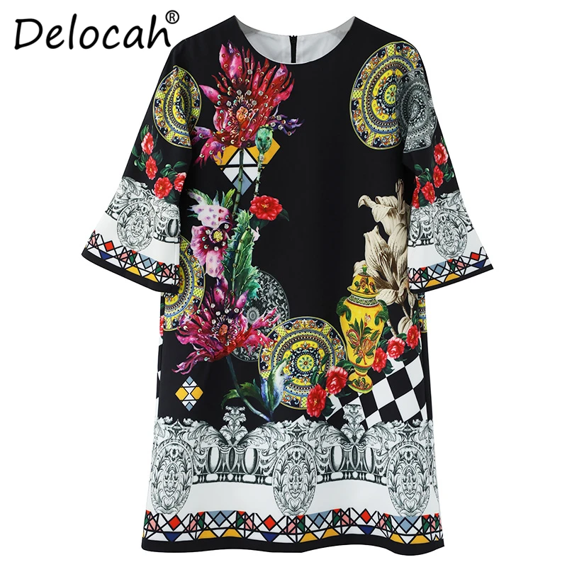 

Delocah Spring Summer Women Dress Runway Fashion Designer Three Quarter Sleeve Gorgeous Sequined Crystal Elegant Casual Dresses