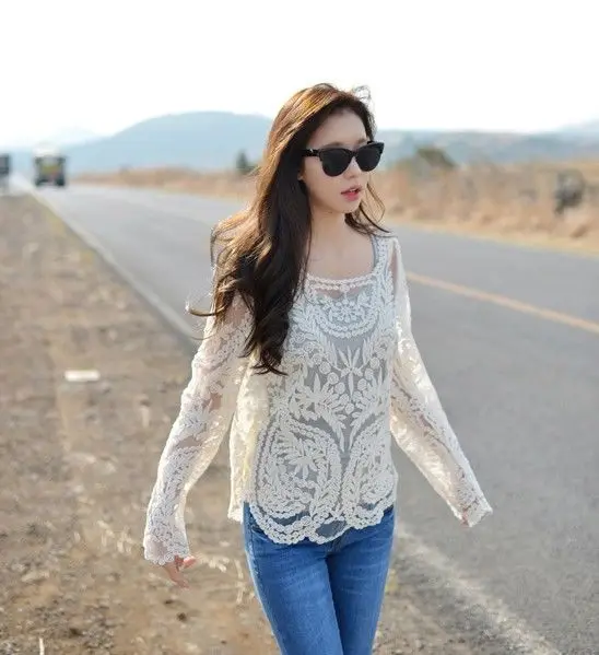 Blusas Femininas, женская сексуальная Кружевная блуза с длинным рукавом, топы, модные Ажурные вязаные топы