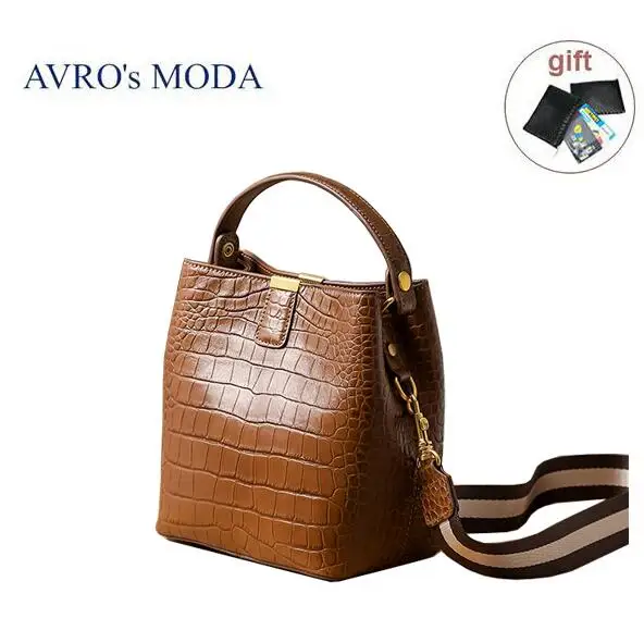 brown AVRO'MODA сумка женская натуральная кожа сумки женские через плечо роскошная сумка ведро из натуральной кожи с узором «крокодиловая кожа», сумки на плечо для женщин, женские ретро сумки через плечо, сумка-тоут - Цвет: brown