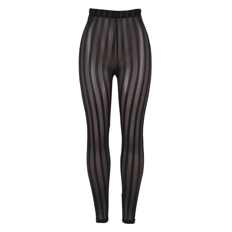 

Sexy Women Striped Mesh Perspective Pants Knee Length Party Trousers Club Wear