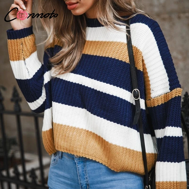 Conmoto короткие Oversize повседневное Радуга свитер для женщин пуловеры трикотажные