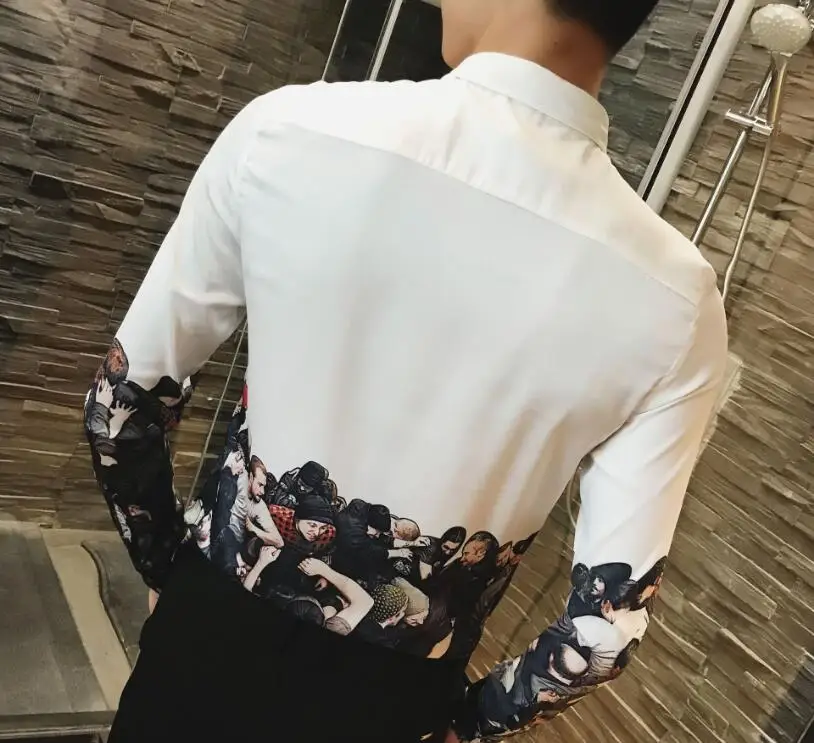 

2020 spring and autumn print casual shirt white hair stylist men's slim figure abstract character men's long-sleeved shirt