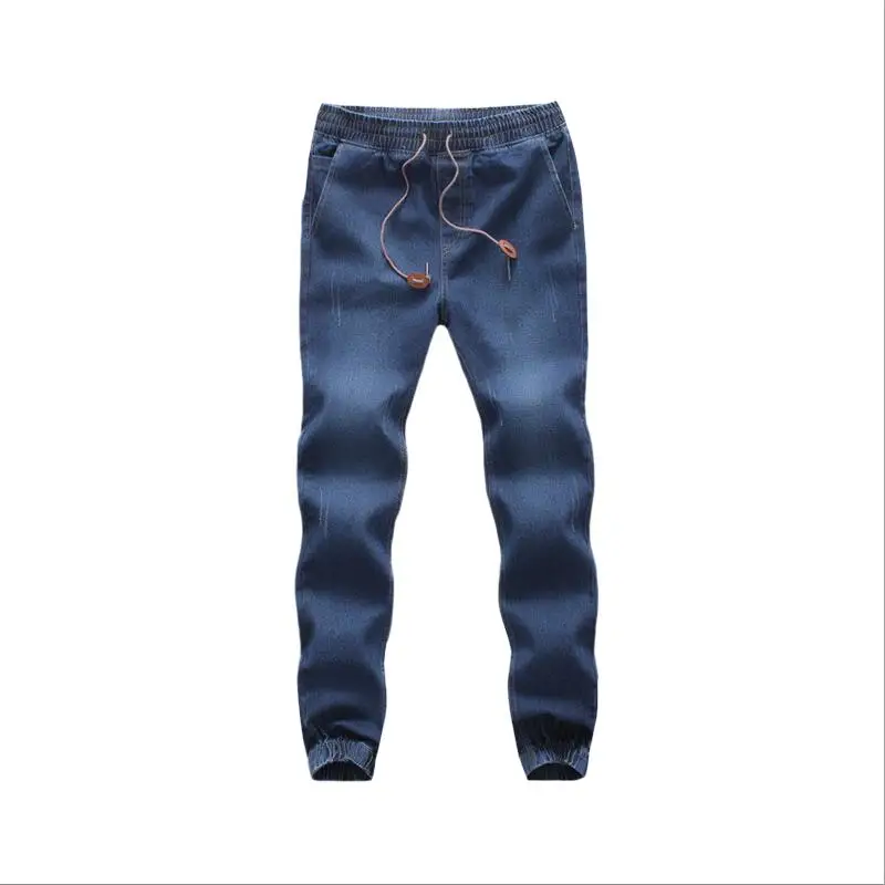 Dark Blue Модные повседневные однотонные синие джинсы джоггеры с эластичным поясом на шнурке мужские Промытые хип-хоп шаровары горячая распродажа - Цвет: Dark Blue