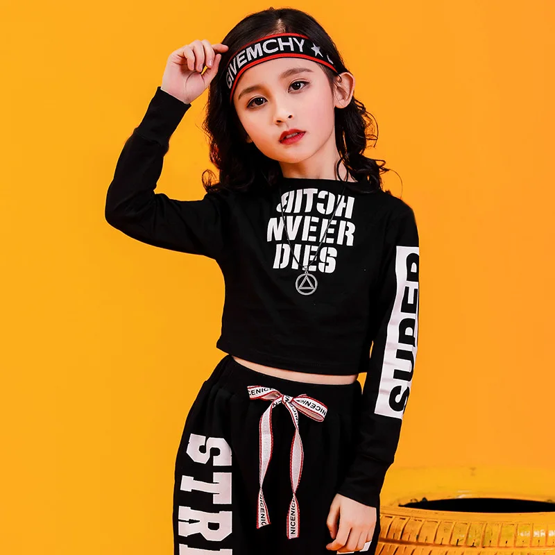 black tops Детская одежда в стиле хип-хоп, Толстовка Топ, Майки кроп, повседневные штаны для бега для девочек, костюм для джазовых танцев, одежда для бальных танцев - Цвет: black tops
