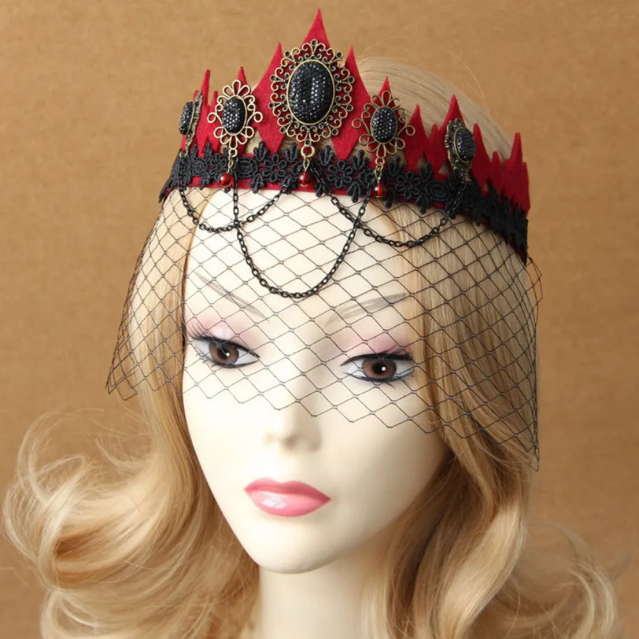 Red Fabric Felt and Black Cabs Crown Shape Handband Women`s Mesh Veil |