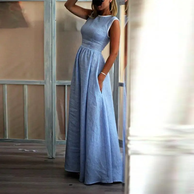 Женское пляжное платье трапеция однотонное богемное макси без рукавов с круглым