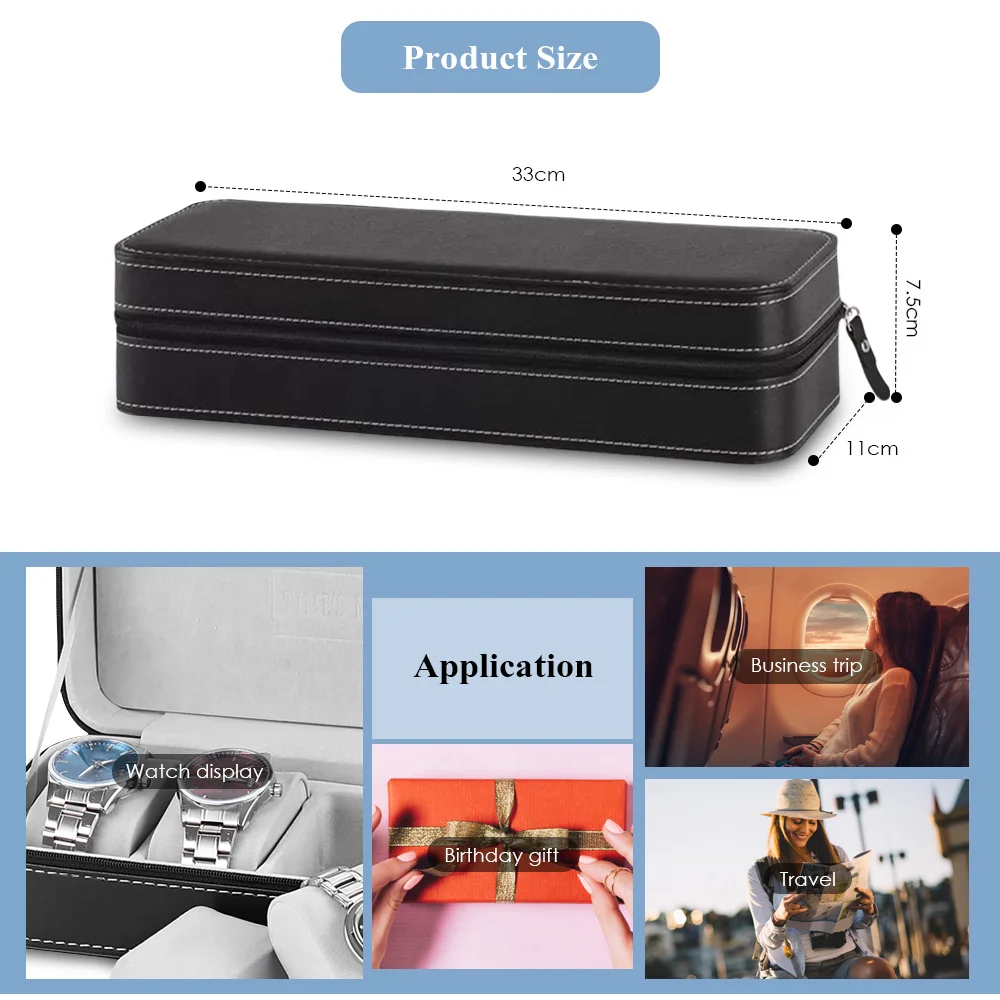 

Portable 6-slots Watch Storage Case Leather Watch Box Organizer with Zipper Holder for Clock Watches Jewelry Boxes Case Display