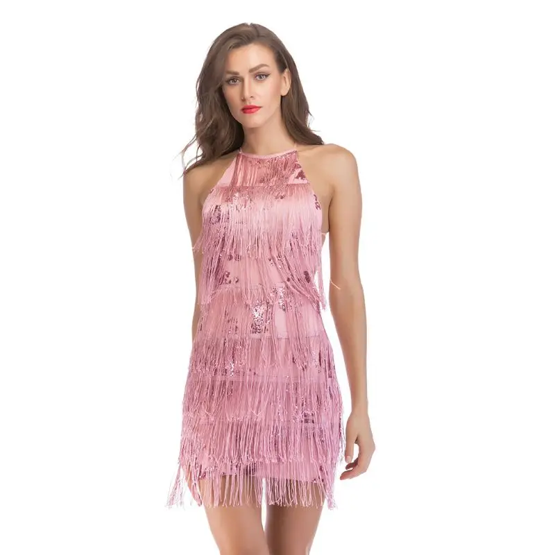 Pink Женский Ретро без рукавов вечерние 1920 s костюм девушки-флаппера блестки Цветочные Лоскутные бахромы кисточки мини облегающее платье на бретельках Ba - Цвет: Pink