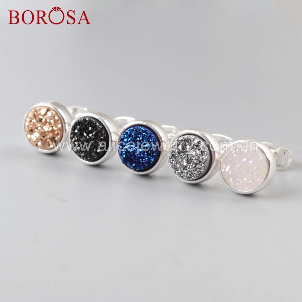 BOROSA 5 пар Новинка 9 мм Круглые Серьги серебряного цвета цвет титан Радужная Друза s