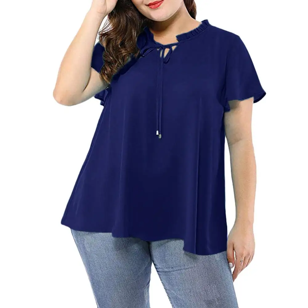 Blouses Женская рубашка, сплошной цвет, короткий рукав, v-образный вырез, повседневная, бант, женская, размера плюс, шифон, блузки и топы, grote maten dames kleding#15 - Цвет: Blouses