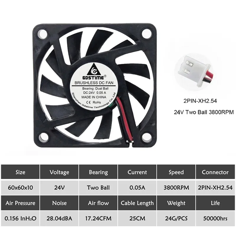2 шт Gdstime 60 мм 5 в 12 В 24 В бесщеточный USB 2PIN 3PIN DC кулер вентилятор 60x60x10 мм 6010 6 см для компьютера PC чехол для процессора охлаждения - Цвет лезвия: 24V Ball XH2.54