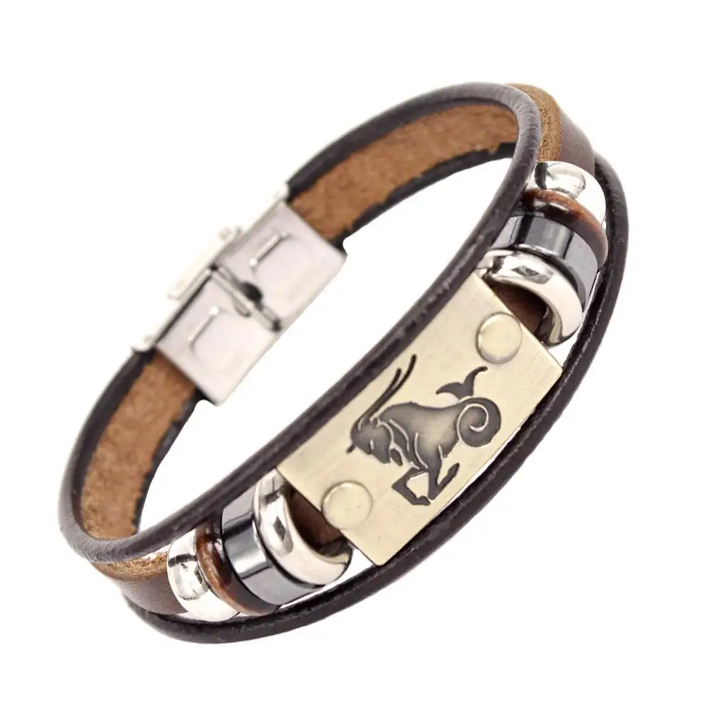 SL418-Capricorn Miss JQ 12 созвездий браслет из нержавеющей стали для мужчин Панк Винтаж Натуральная кожа пара браслеты и браслет Шарм ювелирные изделия - Окраска металла: SL418-Capricorn