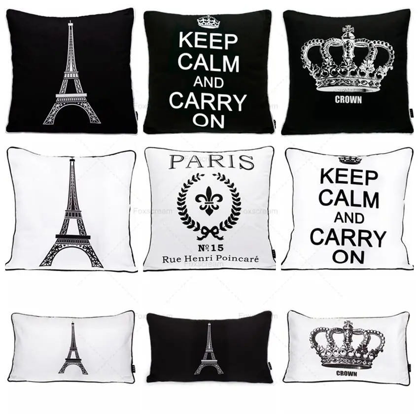 

European Decorative Pillows Case Velvet Black White Cushion Cover Home Decor Vintage Paris Eiffel Tower Sofa Pillow Case 45*45cm