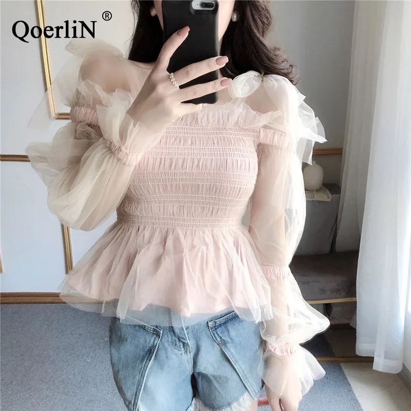 Pink QoerliN, Корейская одежда, Женская белая блузка, модная, сексуальная, с открытыми плечами, с бантом, с оборками, топы, розовые, милые, сетчатые рубашки, женские, летние - Цвет: Pink