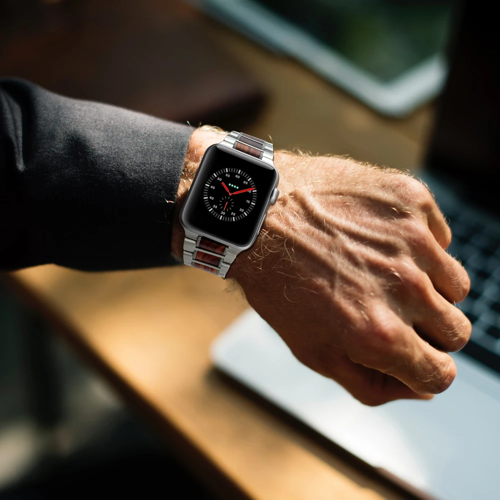 Деревянные ремешок для наручных часов Apple watch 5 4 полосным 44 мм 40 мм, для iWatch, версия 3, ремешок 42 мм, 38 мм, браслет из натурального красного сандалового дерева+ браслет из нержавеющей стали, версия 1, 2, 3, ремешок
