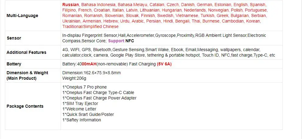Глобальный Встроенная память Oneplus 7 Pro смартфон 6,67 дюймов 3120*1440 Android 9 Snapdragon 855 48,0 МП камеры ближняя бесконтактная связь(NFC) 5V 6A мобильного телефона