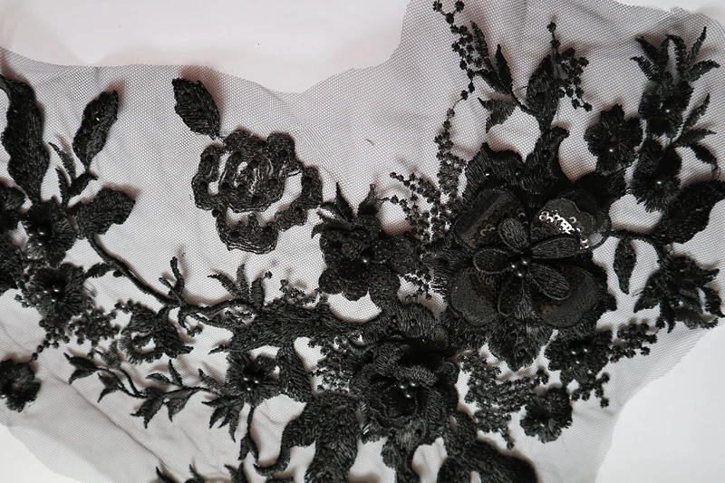 black 3D Beaded Flower Lace Applique 35cm x28cm Embroidered Bridal for Dance Costumes Gown Hem Accessories | Дом и сад
