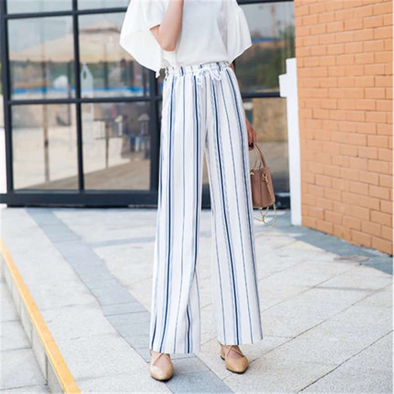 Новинка 2019 высокая талия вертикальные полосы шелк льда повседневные