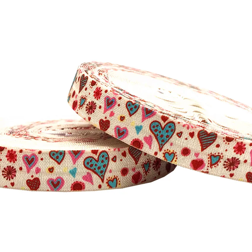 

Valentine's Day 10 yards 16mm Love Heart Printed Fold Over Elastic DIY Head Wear FOE Ribbon for Girls Bracelet Sewing Accessory