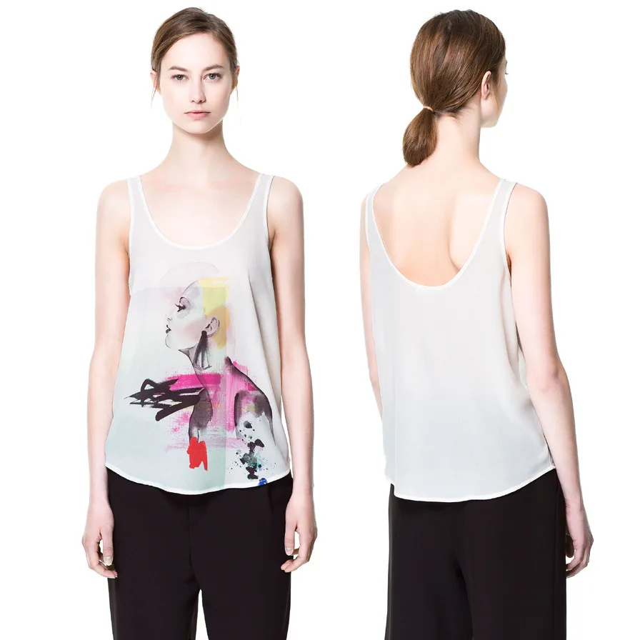 Water color ink beautiful picture printing shipping white chiffon vest|ink pigment|vest blouseink retail |