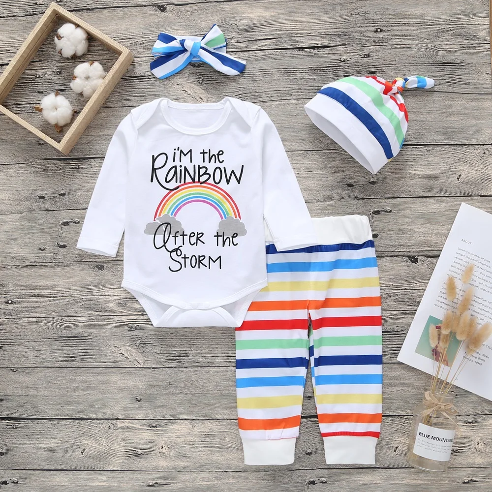 Autumn Winter Children Clothes Set Newborn Baby Girl Boy Long Sleeve Striped Tops+Pants Hat Headband 4pcs Outfit | Детская одежда и