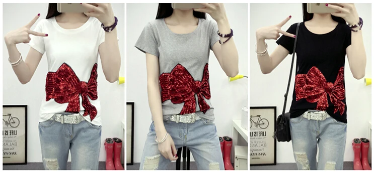 Летняя Стильная хлопковая Футболка с блестками и красным бантом, повседневная приталенная женская рубашка с коротким рукавом черного/белого/серого цвета, топы размера плюс