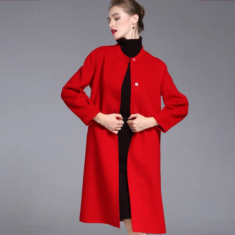 European and American double-sided wool coat women's new mid-long hand-sewn cashmere overcoat in autumn winter of 2018 | Женская