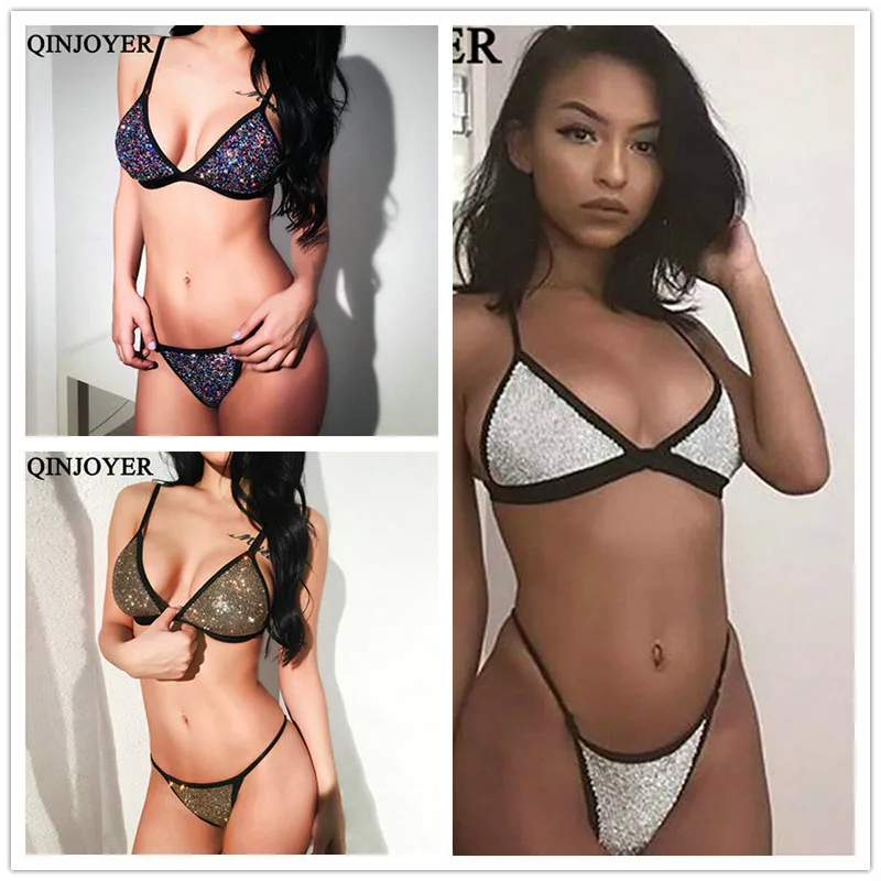 QINJOYER Sexy Micro Brazilian Bikini Set Sequin 2019 Rhinestone Mini Swimsuit Women Push Up Swimwear Tanga Bathing Suits | Женская