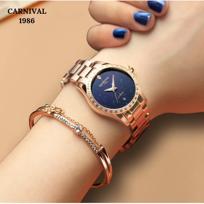 Fashion Automatic Watch Women Top Brand CARNIVAL Women Watches Gold Waterproof Calendar Sapphire Luminous Full Steel dress Watch